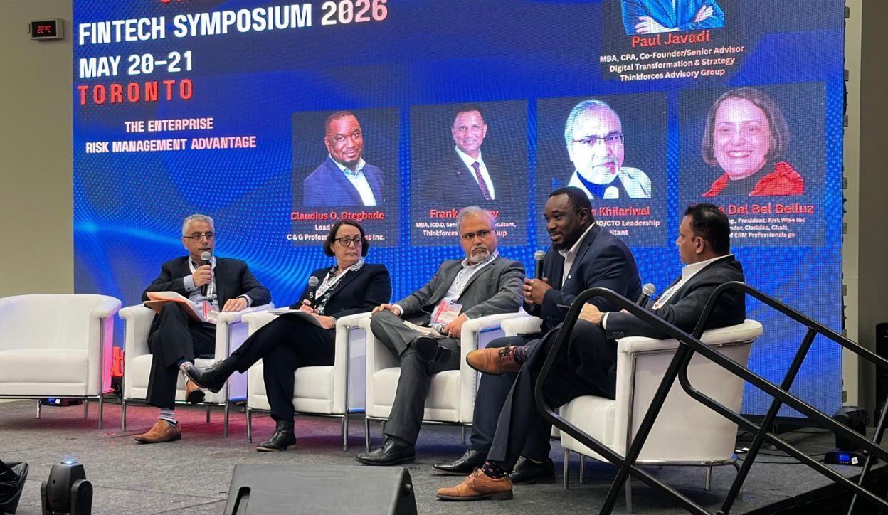 Claudius Otegbade on a risk-management panel at the Fintech Symposium 2026, Toronto